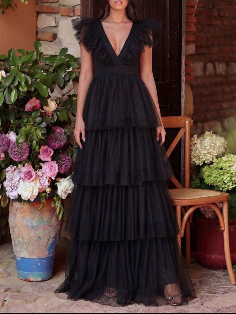 Luxe Black Plunging Neck Ruffle Sleeve Evening Party Formal Dress